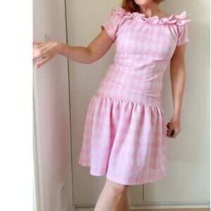 Vintage 60s Pink Houndstooth Dress Size Medium Drop Waist Ruffle Neckline Mod